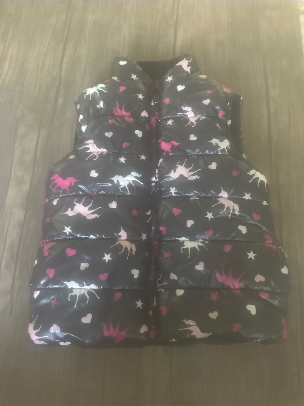 Girls Black Puffer Vest with Unicorn & Heart Print